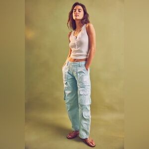 Free People Lap Of Luxury Barrel Cargo Jeans Metallic Coating Aqua Marine